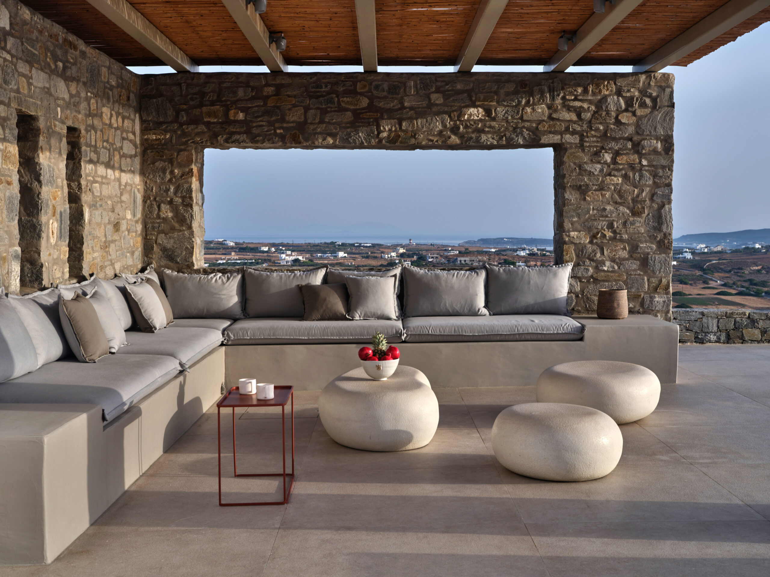 Shaded lounge area with views to the sea.